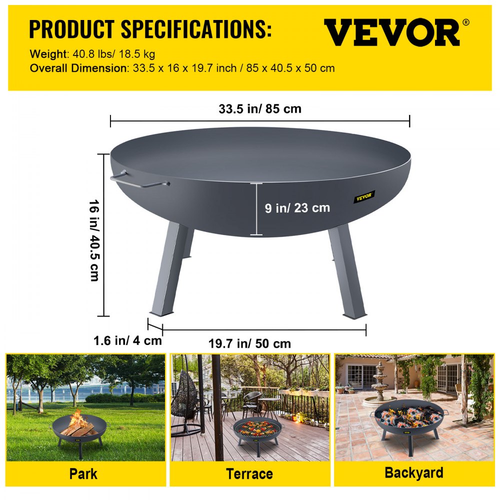 VEVOR fire pit bowl with dimensions, suitable for park, terrace, and backyard settings.