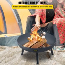 VEVOR Fire Pit Bowl, 34-Inch Deep Round Carbon Steel Fire Bowl, Wood Burning for Outdoor Patios, Backyards & Camping Uses, Portable Handles and A Firewood Stick, Black