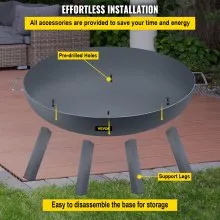 VEVOR Fire Pit Bowl, 34-Inch Diameter Round Carbon Steel Fire Bowl, Wood Burning for Outdoor Patios, Backyards & Camping Uses, with A Drain Hole, Portable Handles and A Firewood Stick, Black