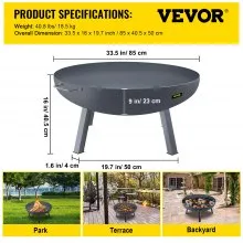 VEVOR Fire Pit Bowl, 34-Inch Diameter Round Carbon Steel Fire Bowl, Wood Burning for Outdoor Patios, Backyards & Camping Uses, with A Drain Hole, Portable Handles and A Firewood Stick, Black