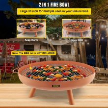 VEVOR Fire Pit Bowl, 30-Inch Deep Round Carbon Steel Fire Bowl, Wood Burning for Outdoor Patios, Backyards & Camping Uses, with A Drain Hole, Portable Handles and A Firewood Stick, Brown