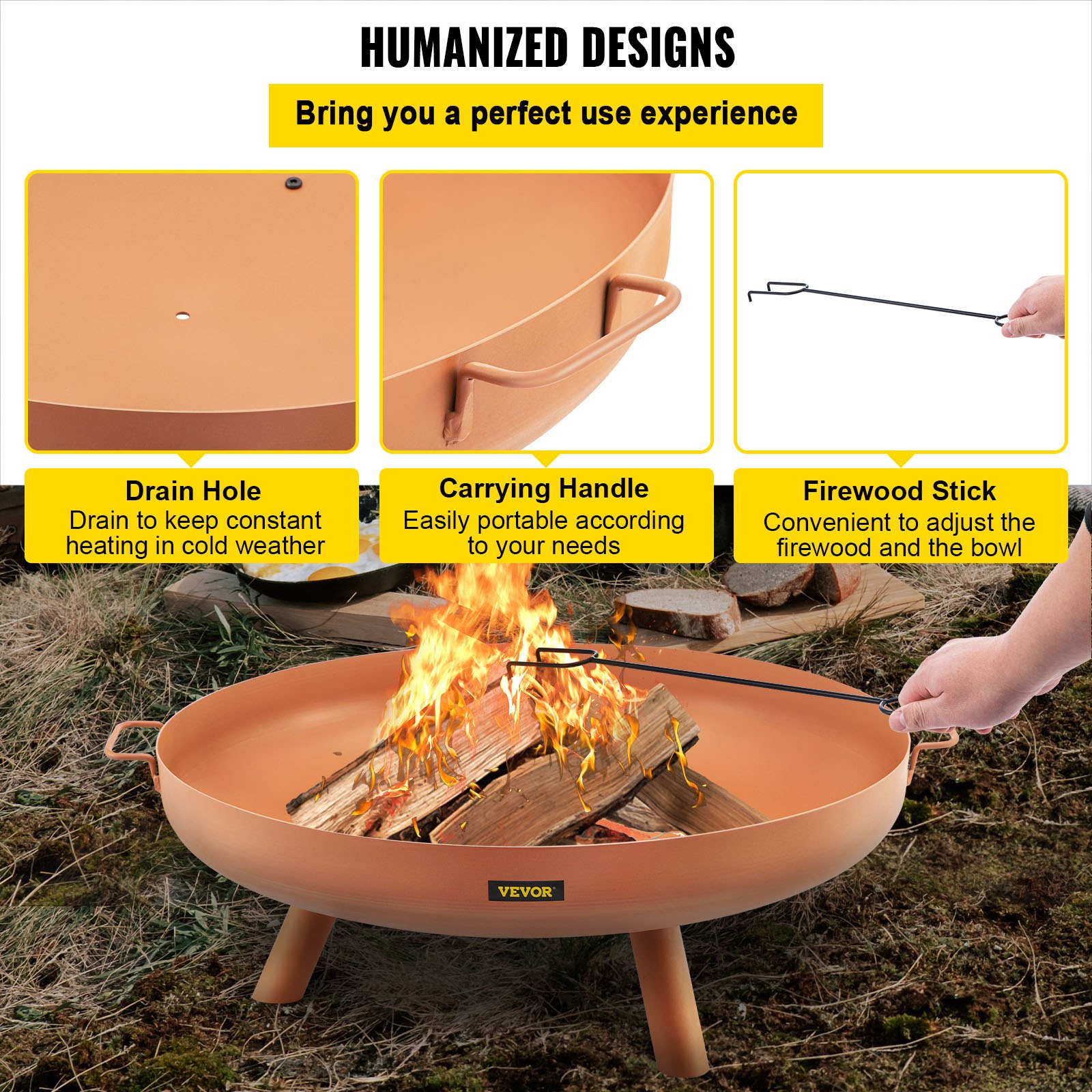VEVOR fire pit bowl with drain hole, carrying handle, and firewood stick.