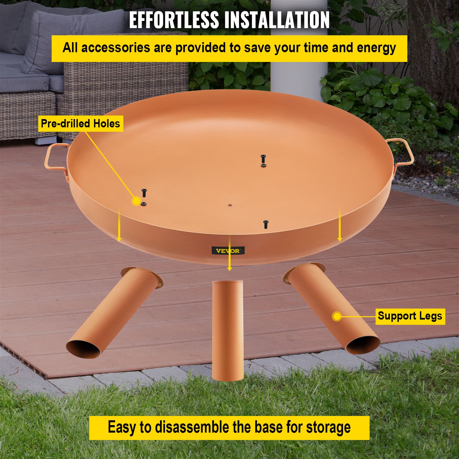 VEVOR fire pit bowl with pre-drilled holes, support legs, and easy disassembly.
