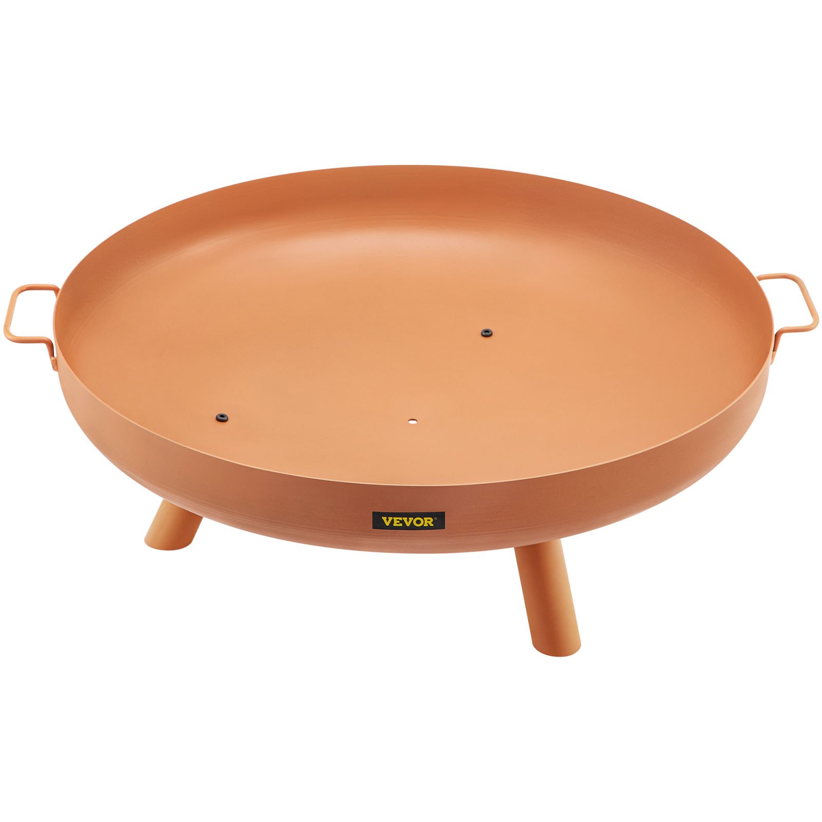 VEVOR fire pit bowl with handles and logo, featuring a wide, round copper design.