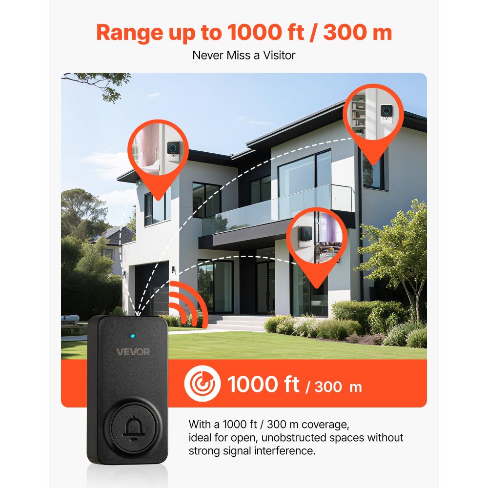 VEVOR Wireless Doorbell Kit, IP54 Waterproof Door Chime Ranges up to 1000 ft, 5 Adjustable Volumes, 48 Ringtones, Easy Installation, Wireless Doorbell Ideal for Home, Doorway, Classroom, Office, Black