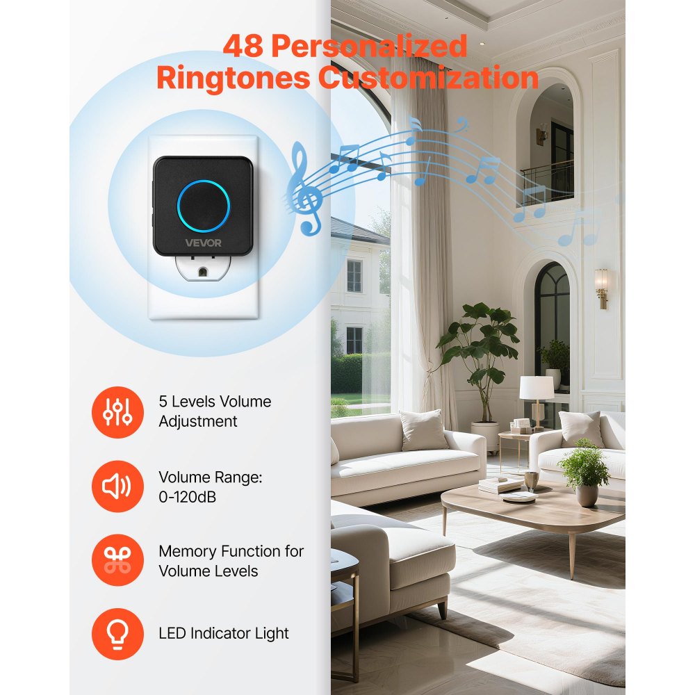 VEVOR Wireless Doorbell Kit, IP54 Waterproof Door Chime Ranges up to 1000 ft, 5 Adjustable Volumes, 48 Ringtones, Easy Installation, Wireless Doorbell Ideal for Home, Doorway, Classroom, Office, Black