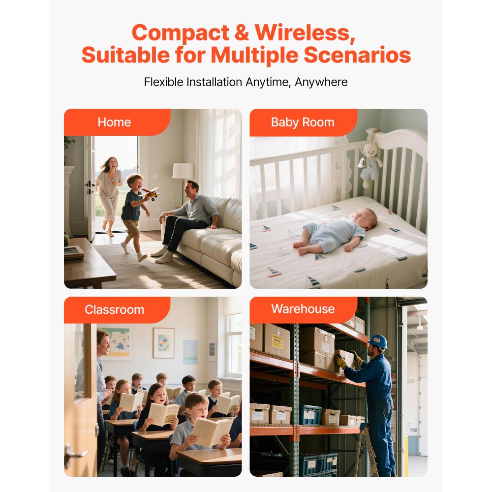 VEVOR Wireless Doorbell Kit, IP54 Waterproof Door Chime Ranges up to 1000 ft, 5 Adjustable Volumes, 48 Ringtones, Easy Installation, Wireless Doorbell Ideal for Home, Doorway, Classroom, Office, Black