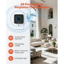 VEVOR Wireless Doorbell Kit, IP54 Waterproof Door Chime Ranges up to 1000 ft, 5 Adjustable Volumes, 48 Ringtones, Easy Installation, Wireless Doorbell Ideal for Home, Doorway, Classroom, Office, Black