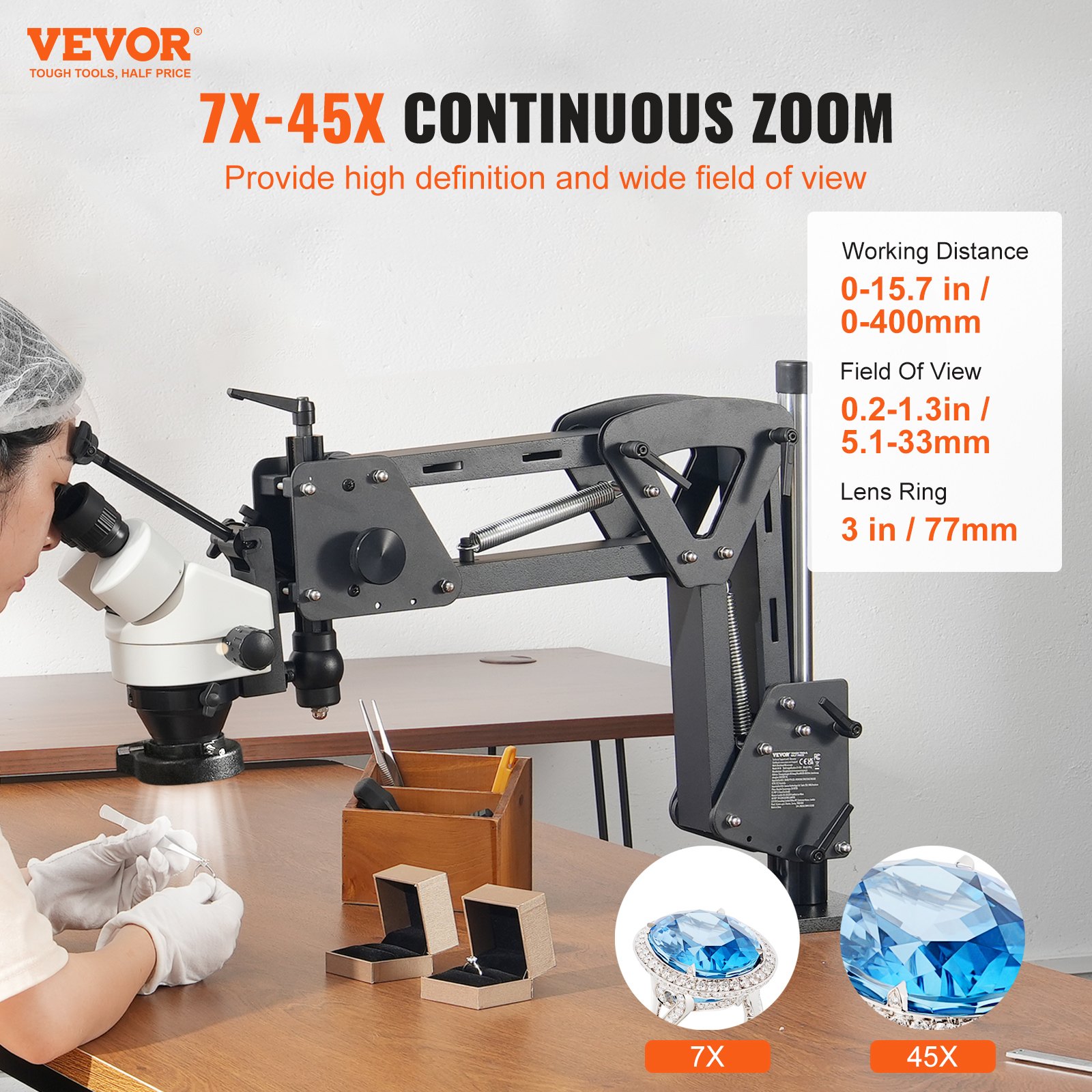 VEVOR Multi-Directional Microscope with Spring Bracket, 7X-45X Magnification Jewelry Microscope, Micro Jewelry Inlaid Stand with Integrated USB Ring LED Light, Jewelers Microscope for Jewelry Inlay