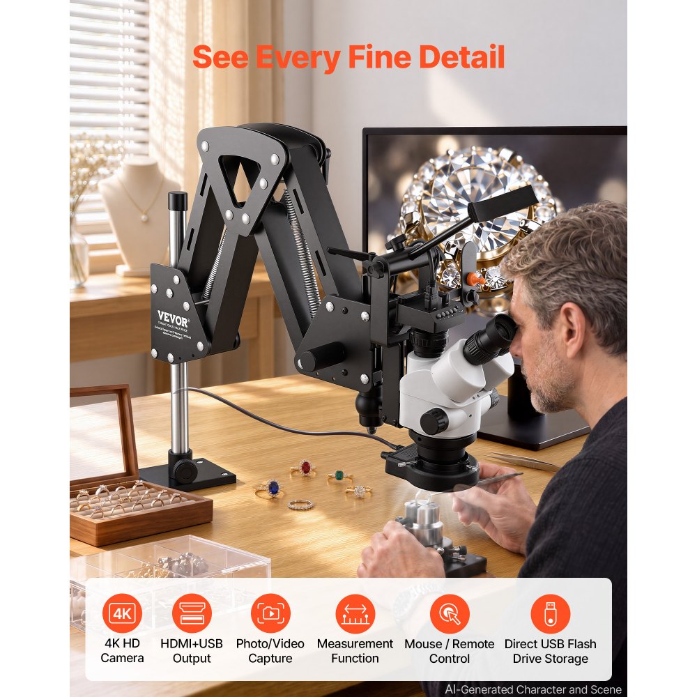 VEVOR Multi-Directional Microscope with Spring Bracket Micro Inlaid Mirror, for Diamond Setting Jewelry Making Engraving, 7X-45X Continuous Magnification, Jewelry Microscope with Adjustable LED Light