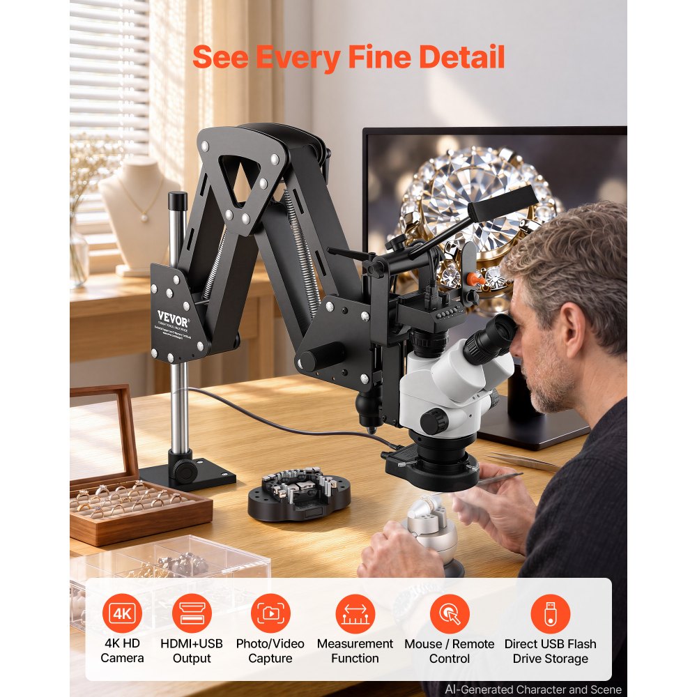 VEVOR Multi-Directional Microscope with Spring Bracket Universal Ball Vise, for Diamond Setting Jewelry Making Engraving, 7X-45X Continuous Magnification, Micro Inlaid Mirror with Adjustable LED Light
