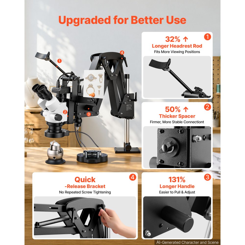 VEVOR Multi-Directional Microscope with Spring Bracket Universal Ball Vise, for Diamond Setting Jewelry Making Engraving, 7X-45X Continuous Magnification, Micro Inlaid Mirror with Adjustable LED Light