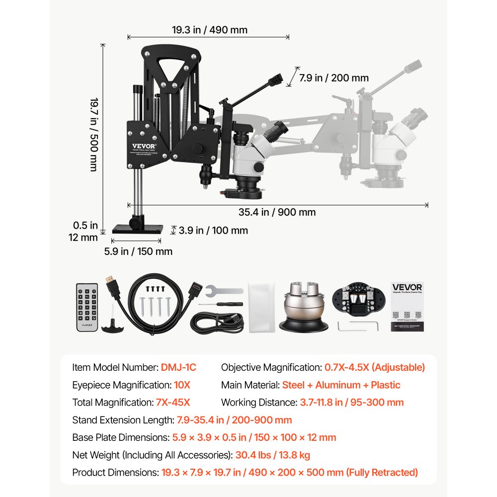 VEVOR Multi-Directional Microscope with Spring Bracket Universal Ball Vise, for Diamond Setting Jewelry Making Engraving, 7X-45X Continuous Magnification, Micro Inlaid Mirror with Adjustable LED Light