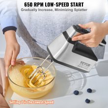 VEVOR Cordless Electric Hand Mixer, 250W, Continuously Variable Electric Handheld Mixer, with Turbo Boost Beaters Dough Hooks Storage Bag, Baking Supplies for Whipping Mixing Egg Cookie Cake Cream