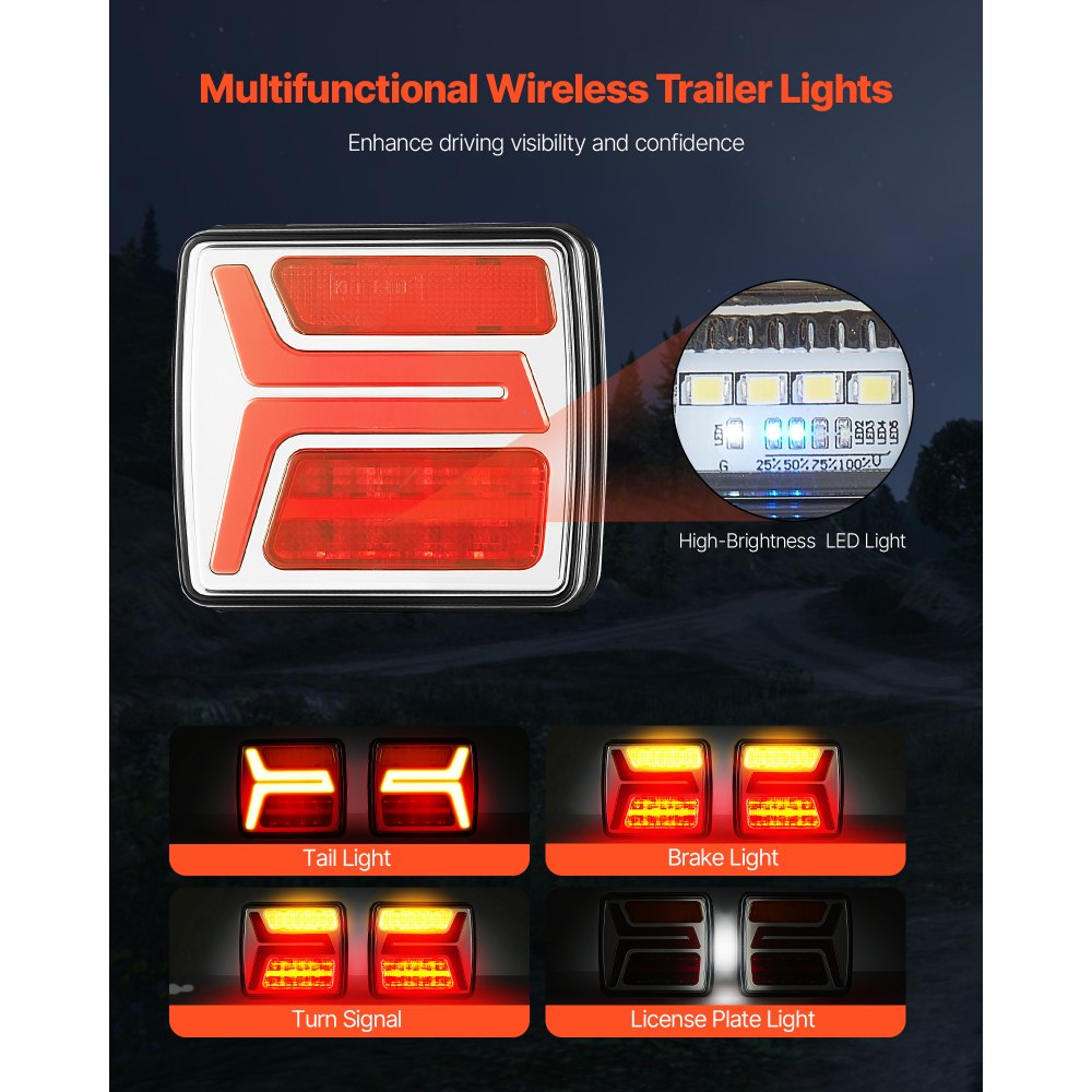VEVOR Trailer Lights, 2PCS 12V Square LED Magnetic Wireless Trailer Tail Lights Kit with Stop Brake Turn Tail License Plate Lamp, Waterproof Tow Lighting Kit for Boat Truck Camper RV Tractor Caravan