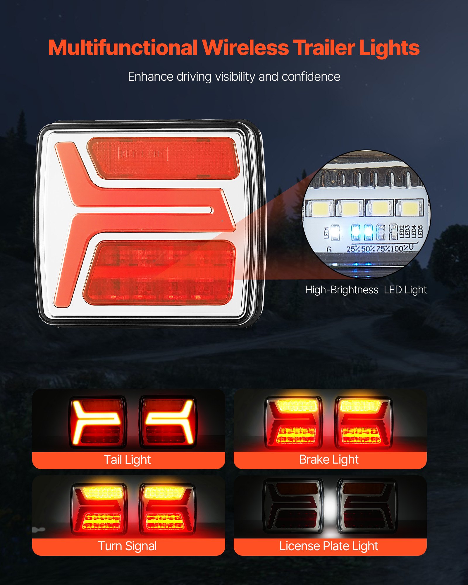 VEVOR Trailer Lights, 2PCS 12V Square LED Magnetic Wireless Trailer Tail Lights Kit with Stop Brake Turn Tail License Plate Lamp, Waterproof Tow Lighting Kit for Boat Truck Camper RV Tractor Caravan