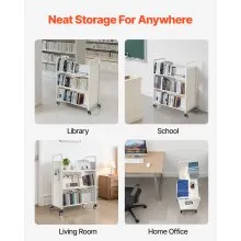 VEVOR 3-Tier Rolling Book Cart Double Sided W-Shaped Shelves Book Truck in White