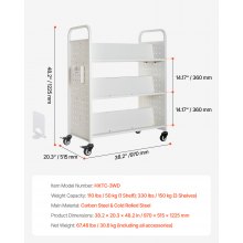 VEVOR 3-Tier Rolling Book Cart Double Sided W-Shaped Shelves Book Truck in White