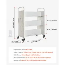 VEVOR 3-Tier Rolling Book Cart Double Sided W-Shaped Shelves Book Truck in White
