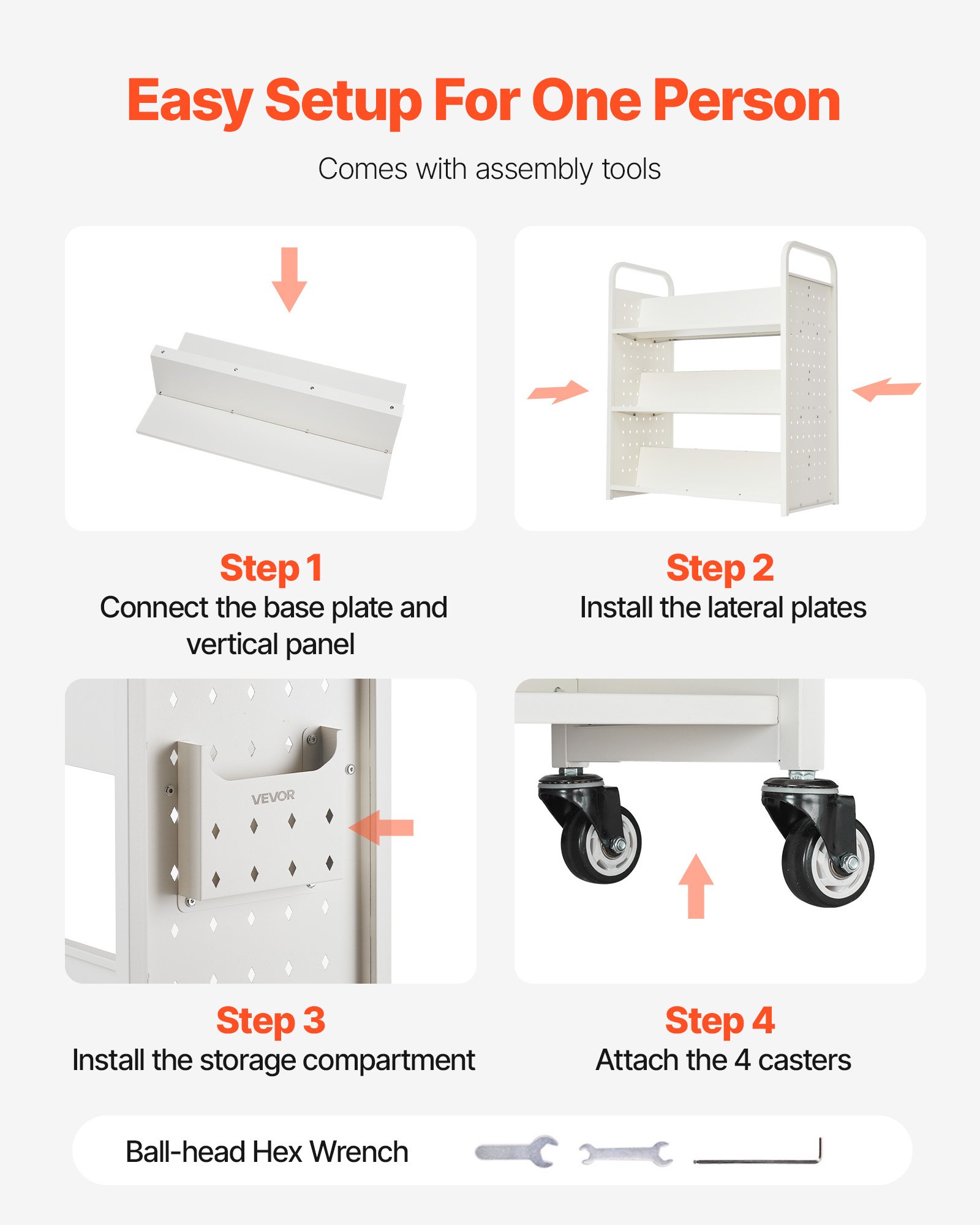 VEVOR Rolling Library Book Cart, 150 kg Capacity, 97 x 51.5 x 122.5 cm Library Cart, Double Sided W-Shaped Shelves with 76.2 mm Lockable Wheels, Book Truck for Home Shelves Office and School, White