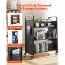 VEVOR 3-Tier Rolling Book Cart Double Sided W-Shaped Shelves Book Truck in Black