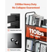 VEVOR 3-Tier Rolling Book Cart Double Sided W-Shaped Shelves Book Truck in Black