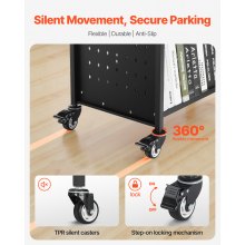 VEVOR 3-Tier Rolling Book Cart Double Sided W-Shaped Shelves Book Truck in Black