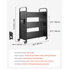 VEVOR 3-Tier Rolling Book Cart Double Sided W-Shaped Shelves Book Truck in Black