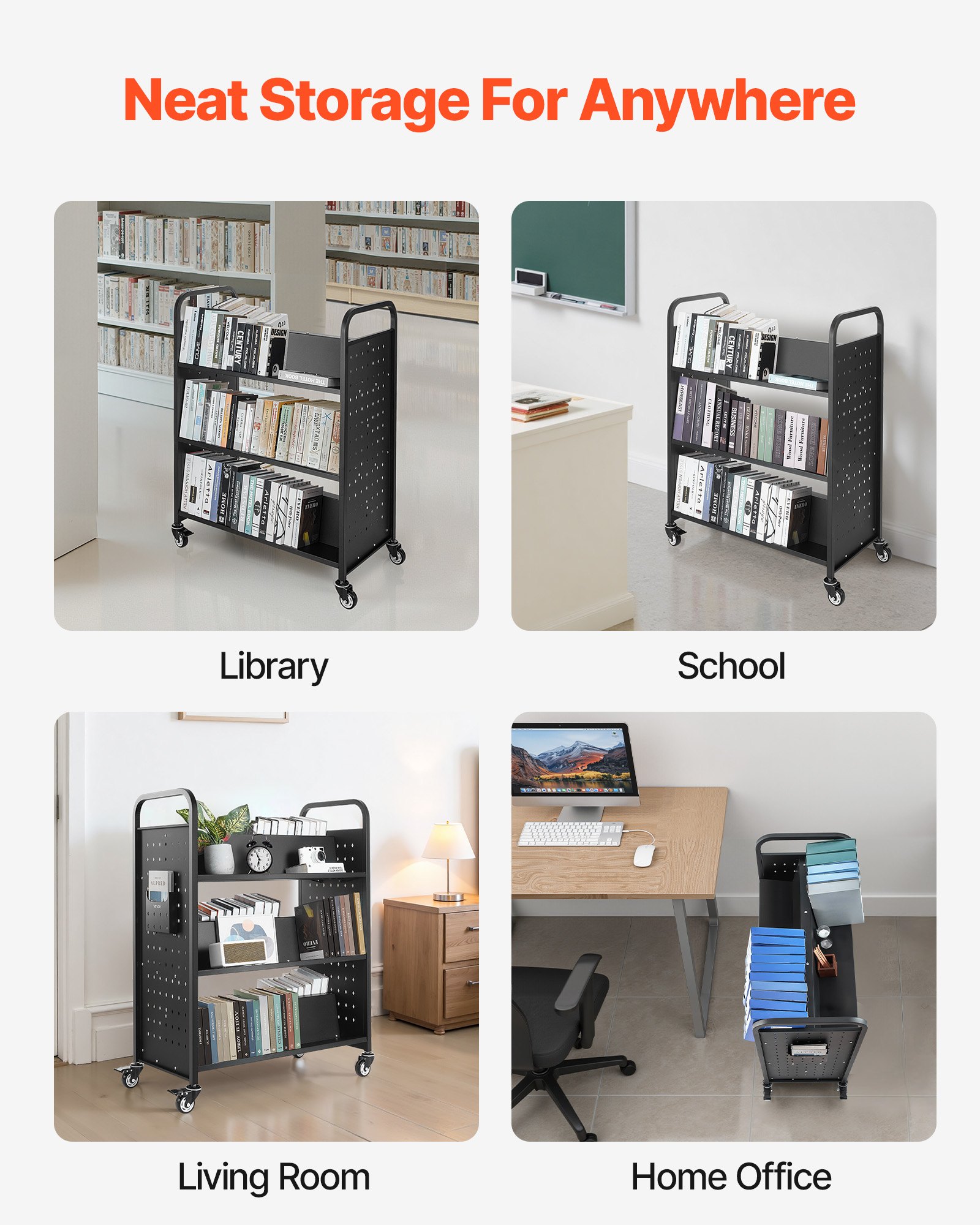 VEVOR Rolling Library Book Cart, 330 lbs Capacity, 38.2 x 20.3 x 48.2-Inch Library Cart, Double Sided W-Shaped Shelves with 3-Inch Lockable Wheels, Book Truck for Home Shelves Office and School, Black