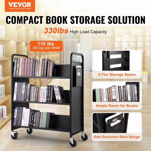 VEVOR Rolling Library Book Cart, 350 kg capaciteit, 80 x 30 x 15 x 48 inch bibliotheekwagen, enkelzijdige V-vormige planken met 8 inch vergrendelbare wielen, boekenvrachtwagen voor thuisplanken