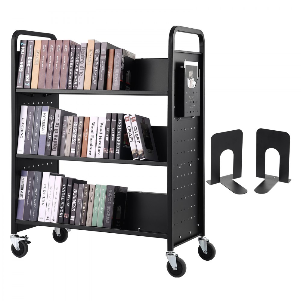 Cărucior de cărți VEVOR, cărucior de bibliotecă de 330 lbs, cărucior de cărți rulant de 39,4" x 20,1" x 49,2", rafturi înclinate în formă de W cu două fețe cu roți blocabile de 4 inci pentru rafturi acasă, școală de birou, camion cu cărți în negru