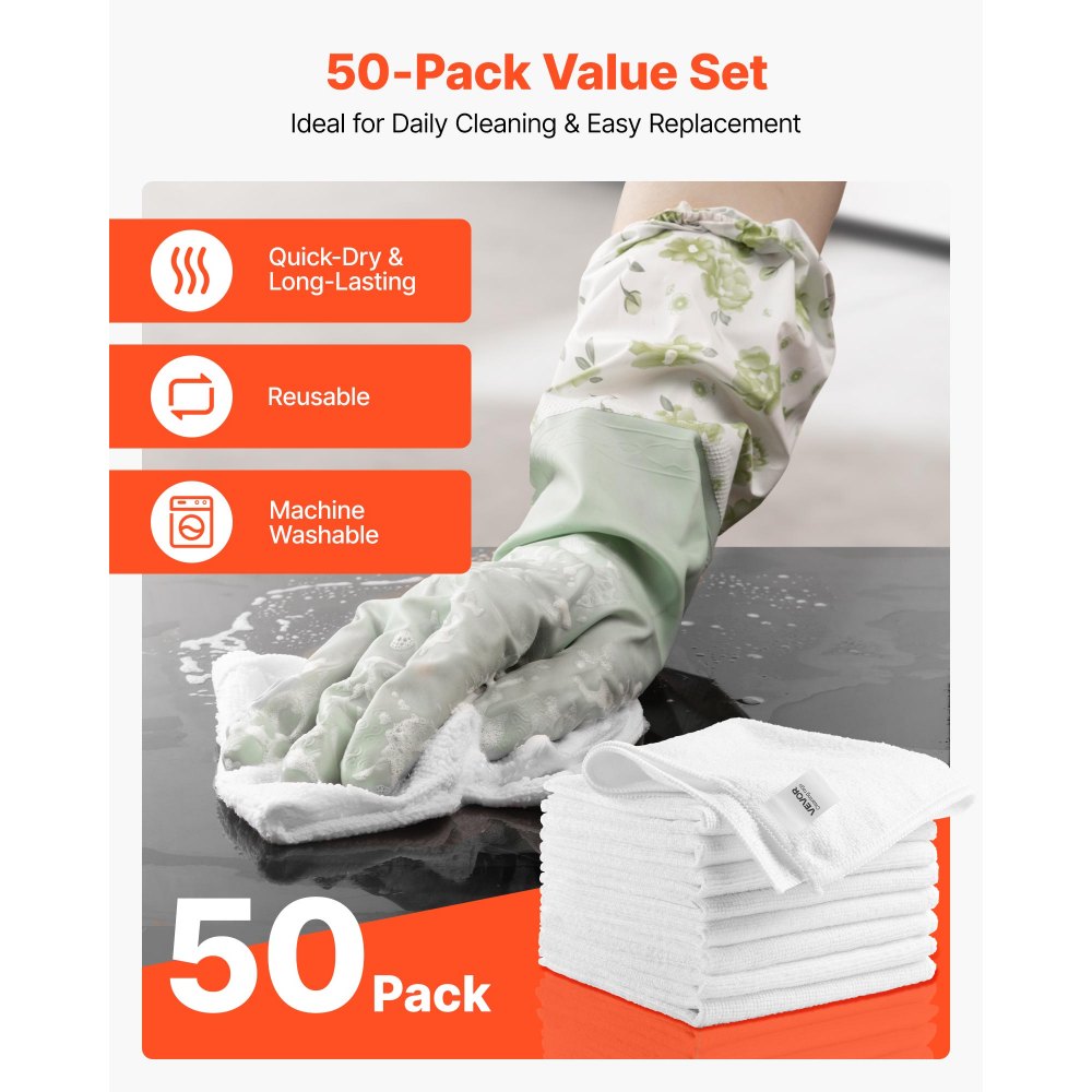 VEVOR 50 Pack White Microfiber Cleaning Cloth, 12 x 12 in Premium Microfiber Towels, Lint-Free and Scratch-Free, Absorbent Cleaning Rags for Car, Household, Kitchen, Window,  SPA, Hotel & Bathroom