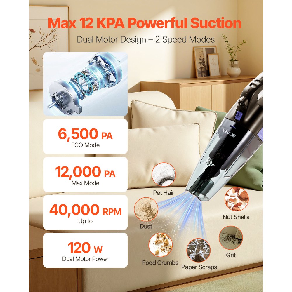 VEVOR Handheld Vacuum, Portable Vacuum Cleaner Cordless with HEPA Filter and Brushes, Lightweight Hand Held Cleaner with Powerful Suction, for Car, Home, Office, Pet Hair