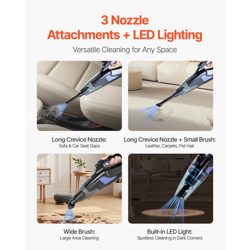 VEVOR Handheld Vacuum, Portable Vacuum Cleaner Cordless with HEPA Filter and Brushes, Lightweight Hand Held Cleaner with Powerful Suction, for Car, Home, Office, Pet Hair