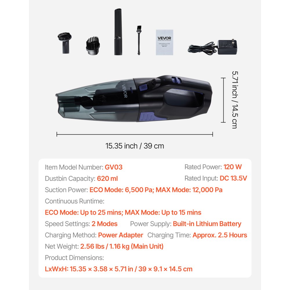 VEVOR Handheld Vacuum, Portable Vacuum Cleaner Cordless with HEPA Filter and Brushes, Lightweight Hand Held Cleaner with Powerful Suction, for Car, Home, Office, Pet Hair