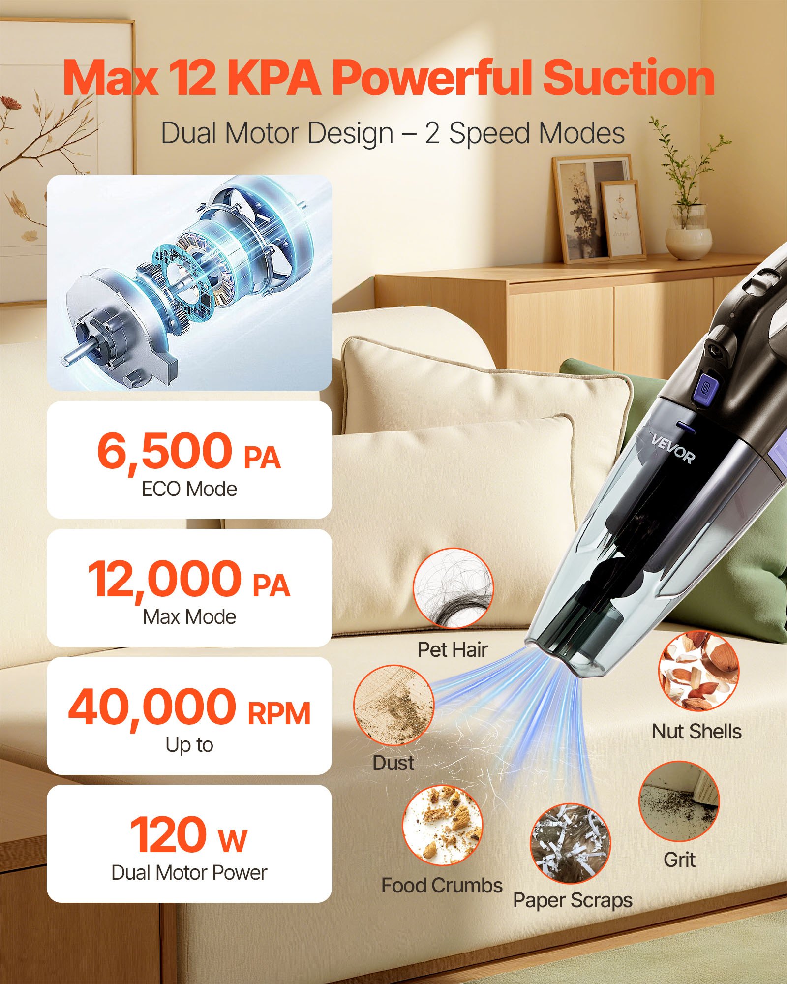 VEVOR Handheld Vacuum, Portable Vacuum Cleaner Cordless with HEPA Filter and Brushes, Lightweight Hand Held Cleaner with Powerful Suction, for Car, Home, Office, Pet Hair
