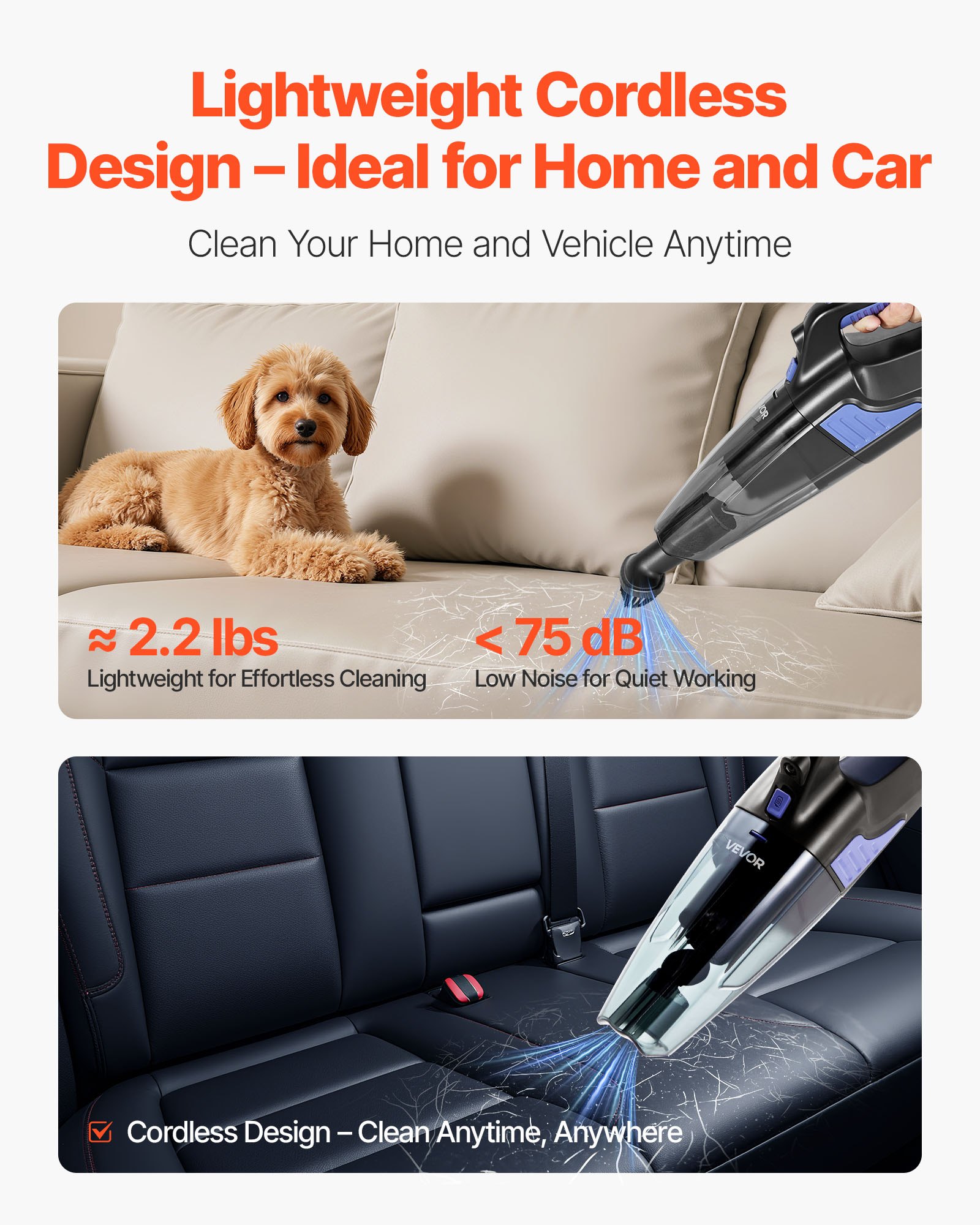 VEVOR Handheld Vacuum, Portable Vacuum Cleaner Cordless with HEPA Filter and Brushes, Lightweight Hand Held Cleaner with Powerful Suction, for Car, Home, Office, Pet Hair
