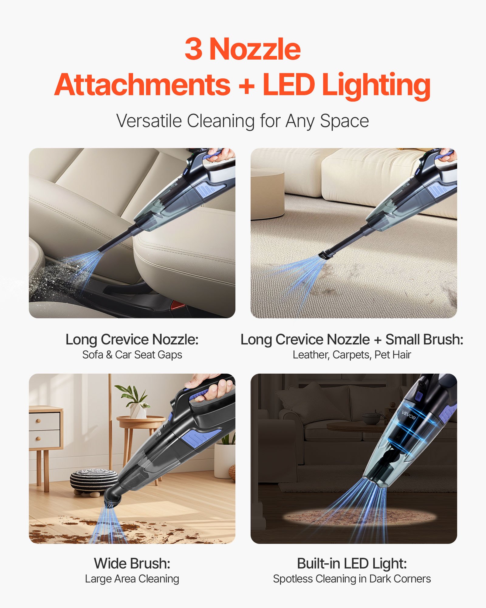 VEVOR Handheld Vacuum, Portable Vacuum Cleaner Cordless with HEPA Filter and Brushes, Lightweight Hand Held Cleaner with Powerful Suction, for Car, Home, Office, Pet Hair