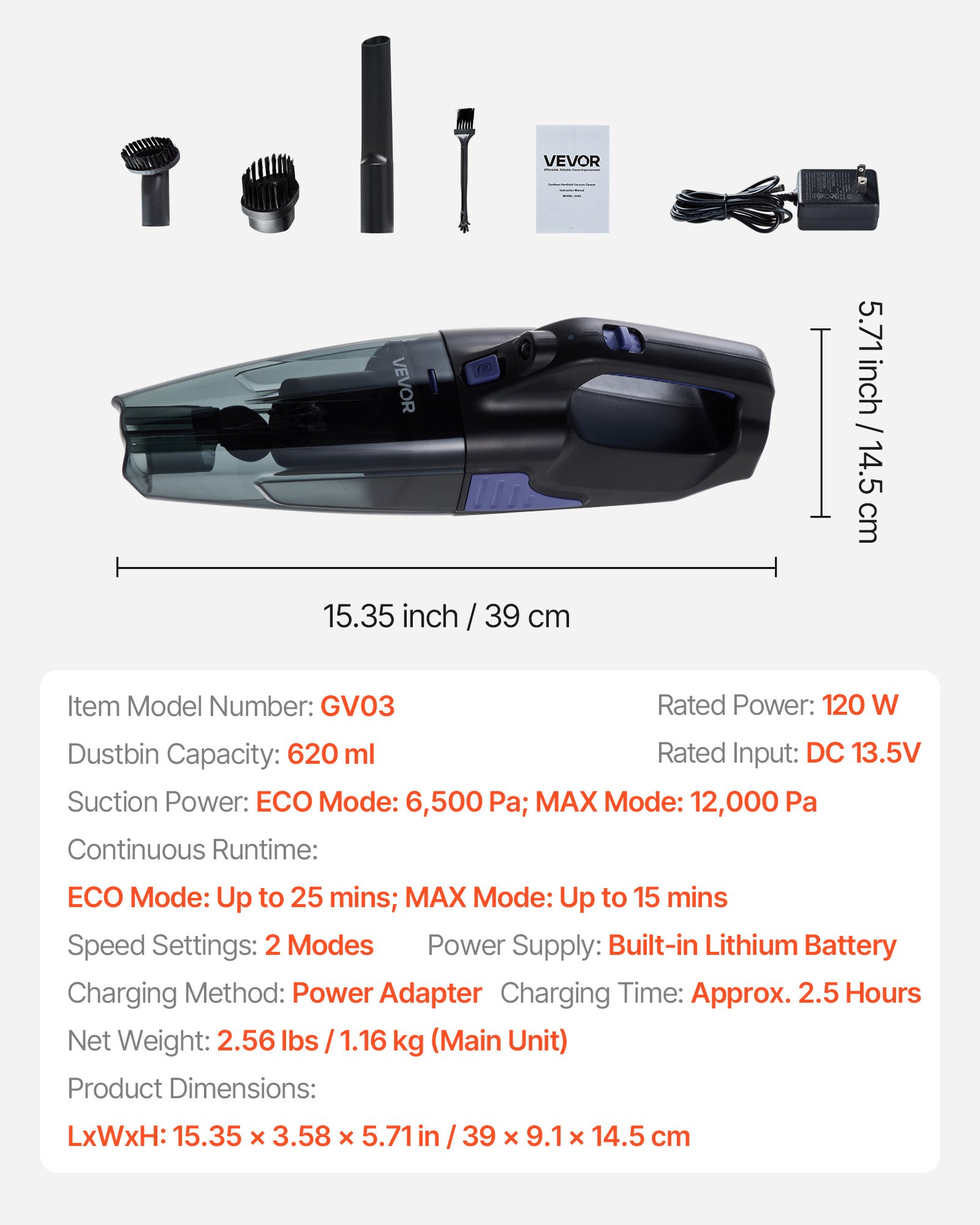 VEVOR Handheld Vacuum, Portable Vacuum Cleaner Cordless with HEPA Filter and Brushes, Lightweight Hand Held Cleaner with Powerful Suction, for Car, Home, Office, Pet Hair