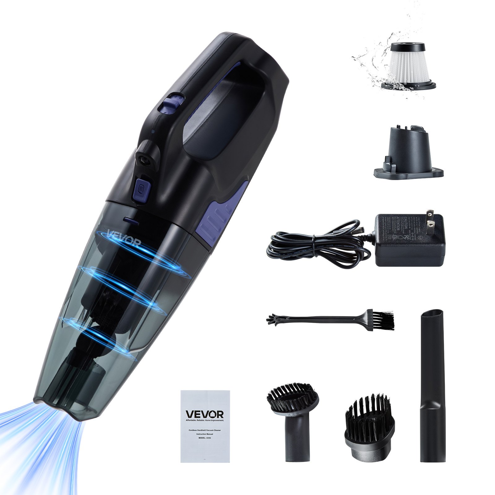 VEVOR Handheld Vacuum, Portable Vacuum Cleaner Cordless with HEPA Filter and Brushes, Lightweight Hand Held Cleaner with Powerful Suction, for Car, Home, Office, Pet Hair
