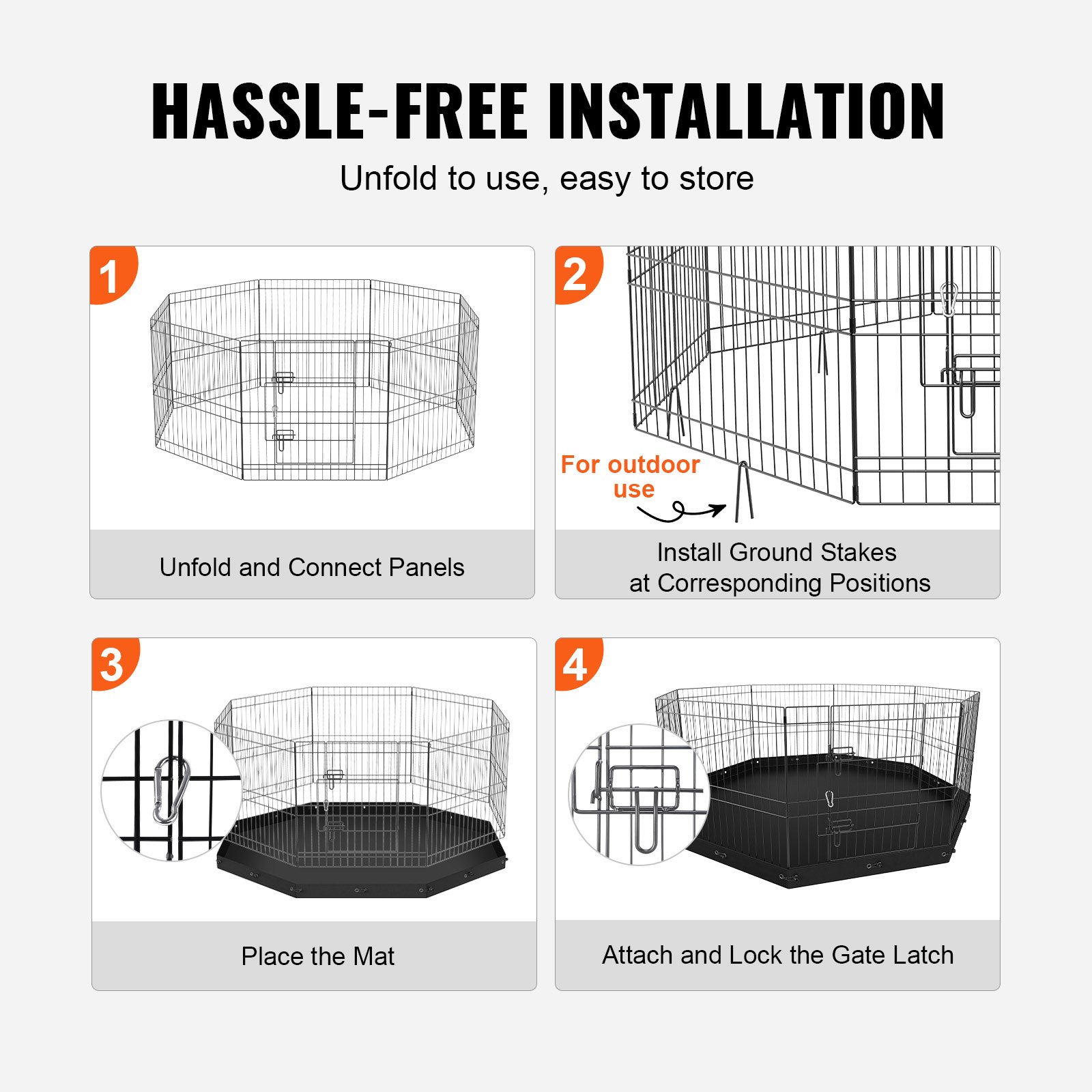 VEVOR Dog Playpen, 8 Panels Foldable Metal Dog Exercise Pen with Bottom Pad, 61 cm H Pet Fence Puppy Crate Kennel with Ground Stakes, Indoor Outdoor Dog Pen for Small Medium Pets, for Camping, Yard
