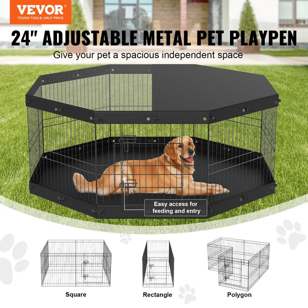 VEVOR Dog Playpen, 8 Panels Foldable Metal Dog Exercise Pen with Top Cover and Bottom Pad, 61 cm H Pet Fence Puppy Crate Kennel, Indoor Outdoor Dog Pen for Small Medium Pets, for Camping, Yard