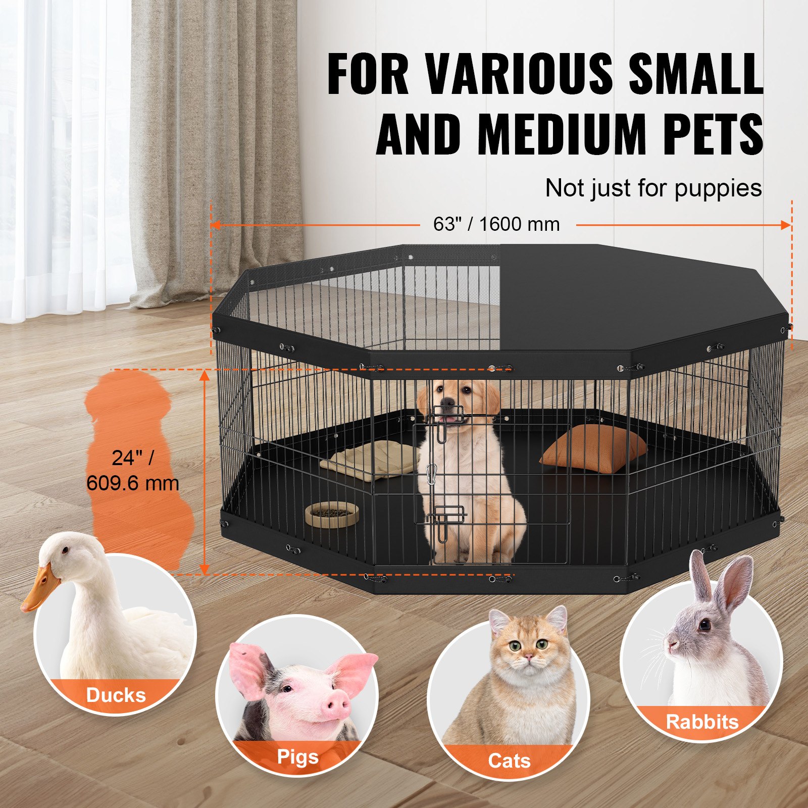 VEVOR Dog Playpen, 8 Panels Foldable Metal Dog Exercise Pen with Top Cover and Bottom Pad, 61 cm H Pet Fence Puppy Crate Kennel, Indoor Outdoor Dog Pen for Small Medium Pets, for Camping, Yard
