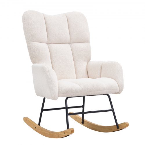 VEVOR Rocking Chair Nursery, Glider Rocking Chair with Soft Seat and High Backrest, 250 lbs Weight Capacity Teddy Fabric, Upholstered Glider Rocker Chair for Nursery, Bedroom, Living Room, Ivory White