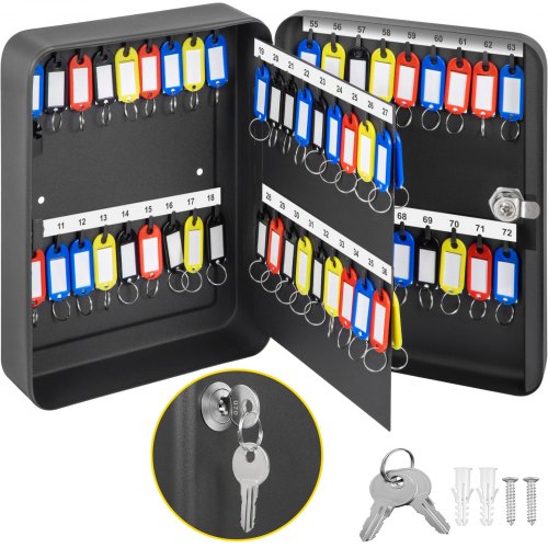 VEVOR Key Cabinet, 72 Position, Q235 Steel Key Lock Box with 72 Key Hooks, Tags & 2 Keys, Wall Mount Key Storage Cabinet for Office, Hotel, Bank, Black