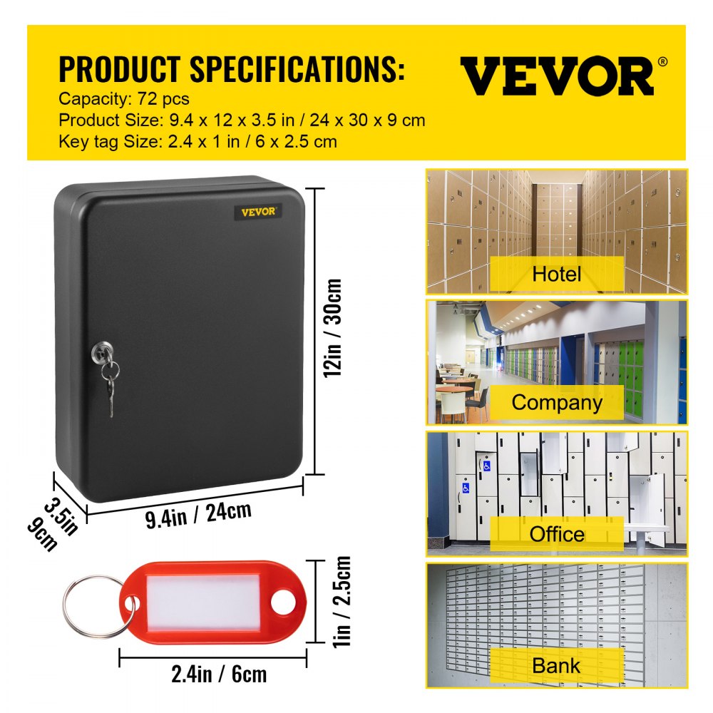 VEVOR Gabinete para llaves, 72 posiciones, caja de bloqueo de llaves de acero Q235 con 72 ganchos para llaves, etiquetas y 2 llaves, gabinete de almacenamiento de llaves para montaje en pared para oficina, hotel, banco, negro