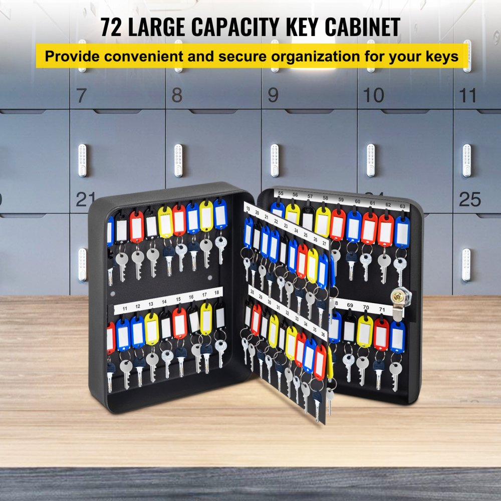 VEVOR Key Cabinet, 72 Position, Q235 Steel Key Lock Box with 72 Key Hooks, Tags & 2 Keys, Wall Mount Key Storage Cabinet for Office, Hotel, Bank, Black