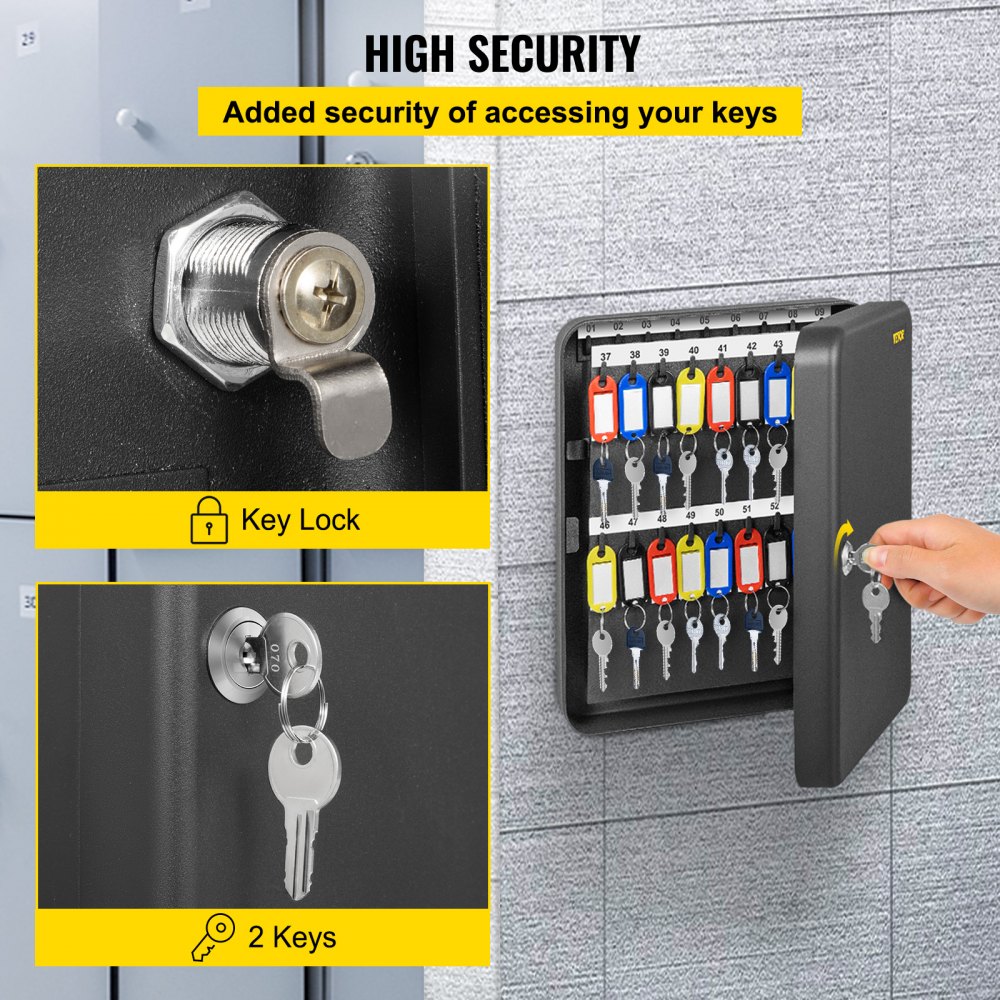 VEVOR Key Cabinet, 72 Position, Q235 Steel Key Lock Box with 72 Key Hooks, Tags & 2 Keys, Wall Mount Key Storage Cabinet for Office, Hotel, Bank, Black