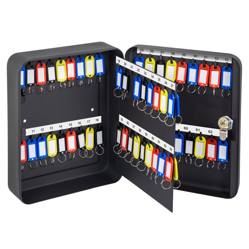 VEVOR Key Cabinet, 72 Position, Q235 Steel Key Lock Box with 72 Key Hooks, Tags & 2 Keys, Wall Mount Key Storage Cabinet for Office, Hotel, Bank, Black