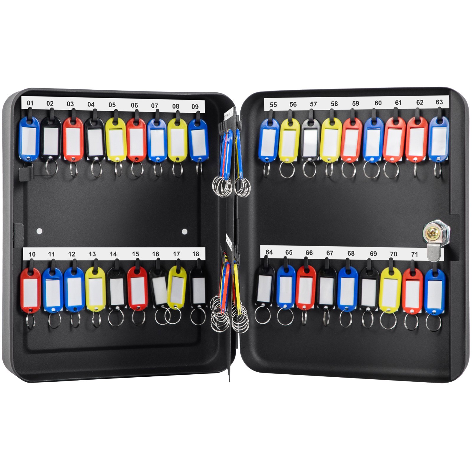 VEVOR Key Cabinet, 72 Position, Q235 Steel Key Lock Box with 72 Key Hooks, Tags & 2 Keys, Wall Mount Key Storage Cabinet for Office, Hotel, Bank, Black